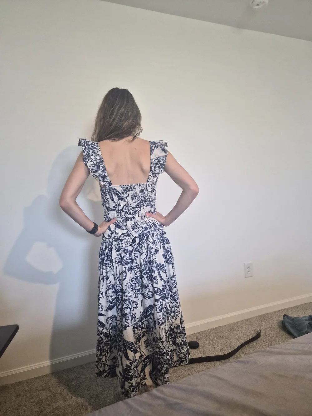 Floral Print Ruffled Strap Maxi Dress - Blue & White